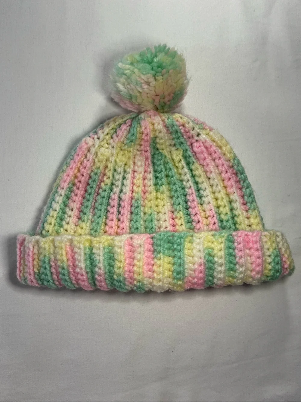 Handmade Lot of 2 Crocheted Pastel Beanie Hats Pink Green Yellow White